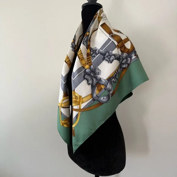 Hermes Silk Scarf with Gold Tack & Green Border - Picture 8 of 12